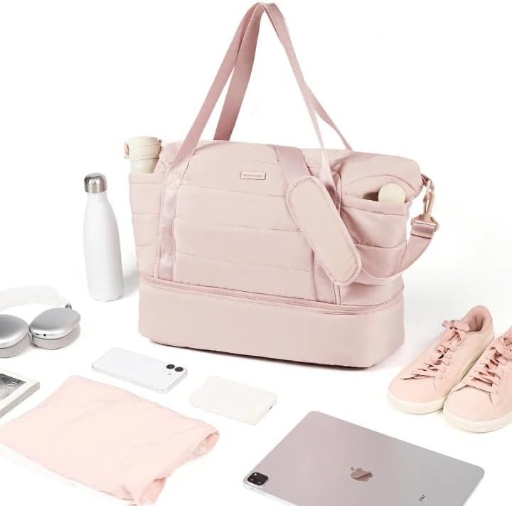 NISHEL Double-layer Weekender Bags for Women, Personal Item Duffle Bag with Shoes Compartment, Large Capacity Travel Bag, Overnight Luggage Bag with Pocket, Pink