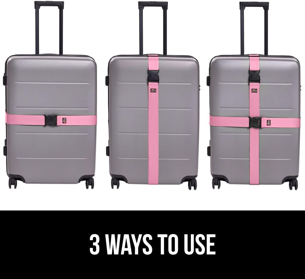 GORILLA GRIP Heavy Duty Adjustable Luggage Straps for Suitcases, Easy to Identify Travel Belt Connector Holds Suitcase Together, Extends Life of Bag, Strap Connects Two Bags, Accessories 2 Pack Pink