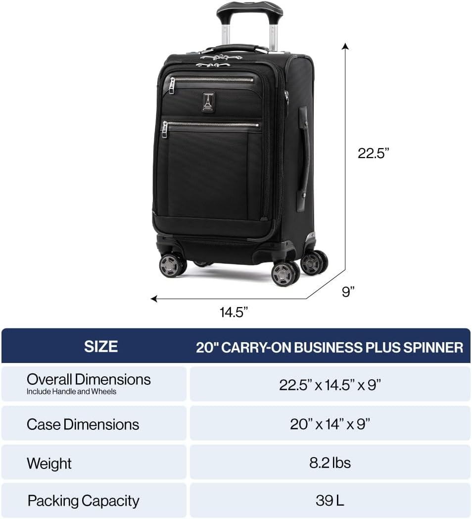 Travelpro Platinum Elite Softside Expandable Carry on Luggage, 8 Wheel Spinner Suitcase, USB Port, Laptop and Tablet Sleeves, Men and Women, True Navy Blue, Carry On 20-Inch