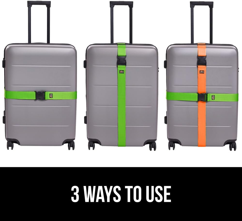 GORILLA GRIP Heavy Duty 4 Pack Adjustable Luggage Straps for Suitcases, Easy to Identify Travel Belt Connector Holds Suitcase Together, Extends Life of Bag, Strap Connects Two Bags, Green and Orange