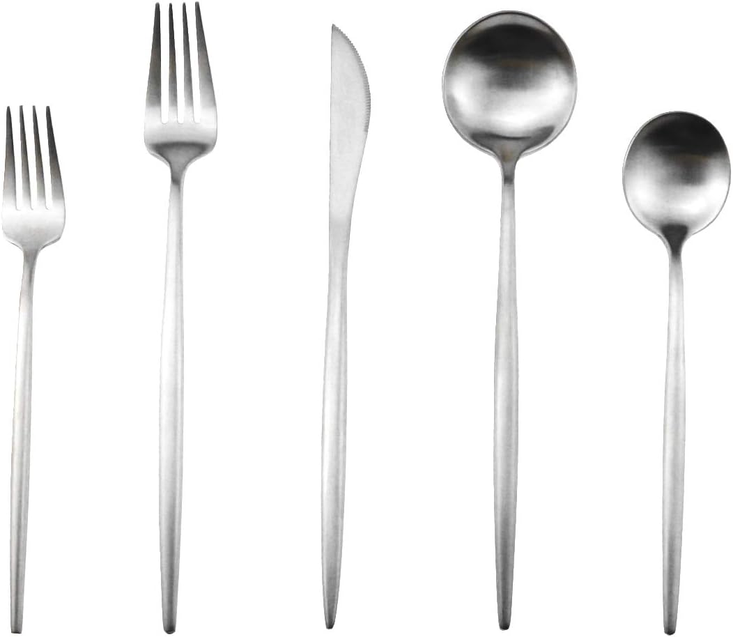 Gugrida 20-Piece 18/10 Stainless Steel Flatware Silverware, Luxury Dinnerware Set Travel Cutlery Tableware Include Knife Fork Spoon Service for 4,Healthy & Eco-Friendly Dishwasher Safe (Silver Matte)