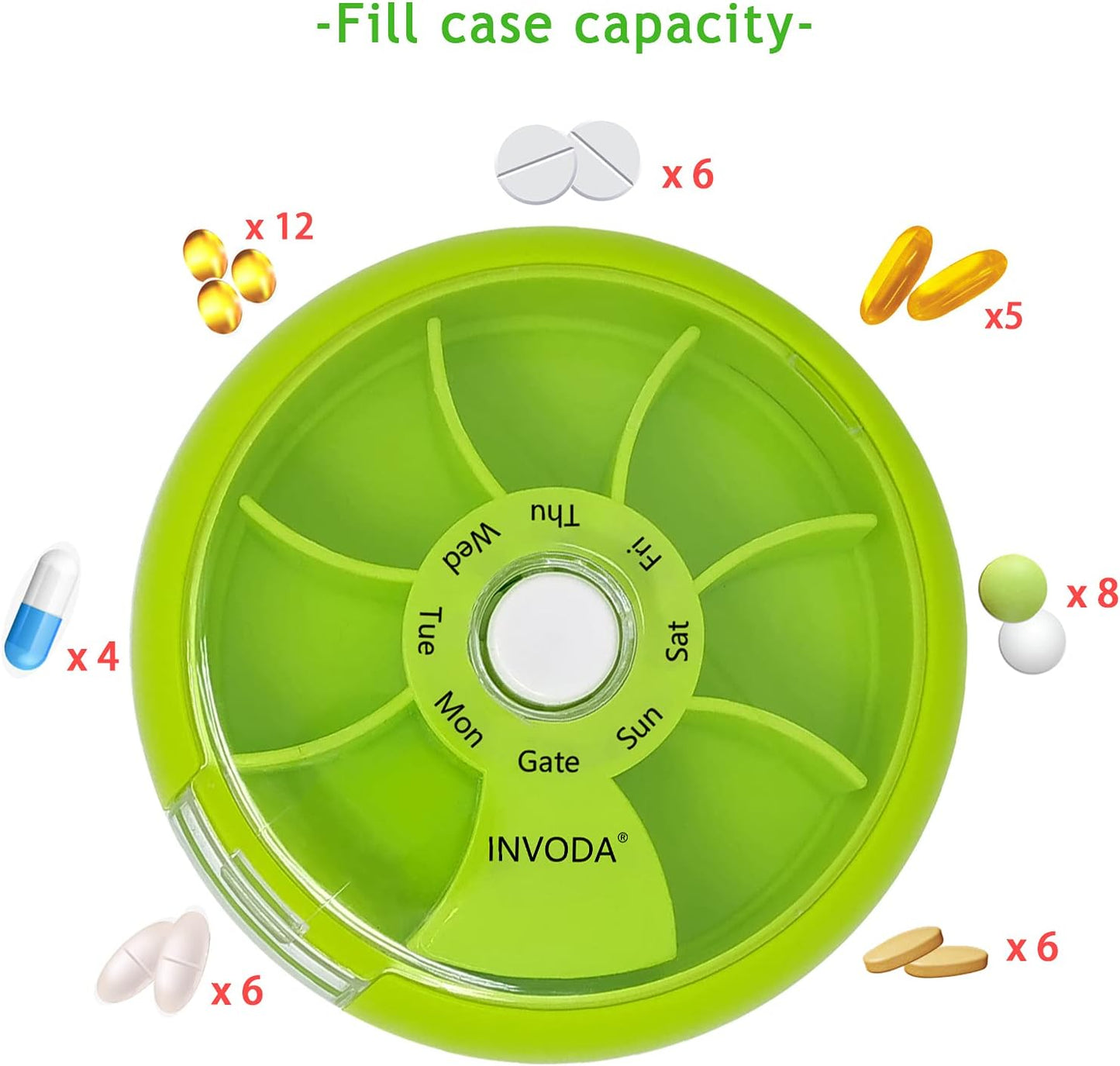 INVODA Weekly Pill Organizer 7 Compartment Rotating Pill Box for Daily Medication & Vitamins - Portable Travel Pill Case Fish Oil Supplements Vitamins Organizer (Green+Orange)
