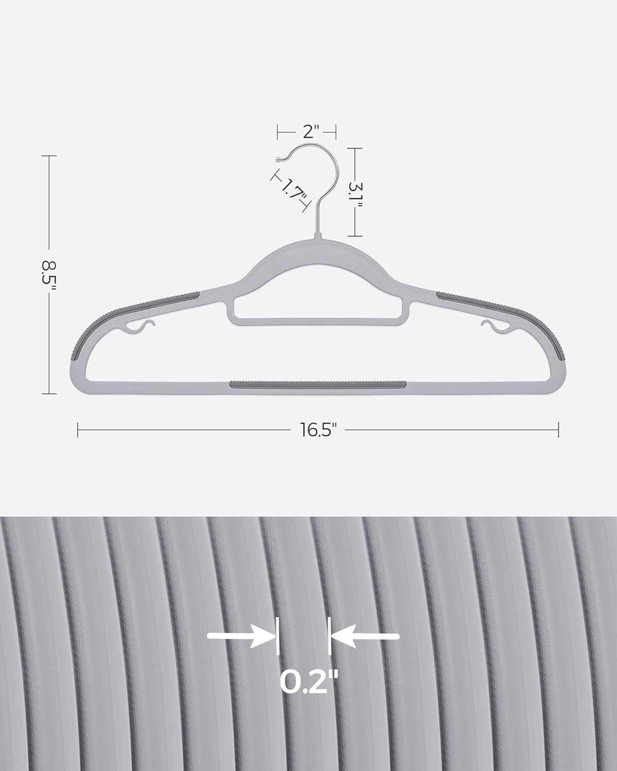 SONGMICS Pack of 50 Coat Hangers, Space-Saving Plastic Clothes Hangers, Non-Slip, 0.2 Inches Slim, 16.5 Inches Wide, 360° Swivel Silver Hook, Light Gray and Dark Gray UCRP20G50