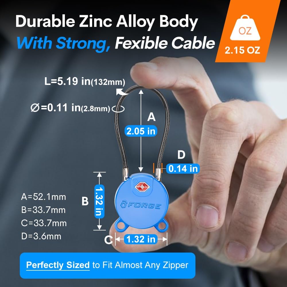 Forge TSA Approved Luggage Locks Ultra-Secure Dimple Key Cable Locks for Travel with Zinc Alloy Body- 2 Blue Locks