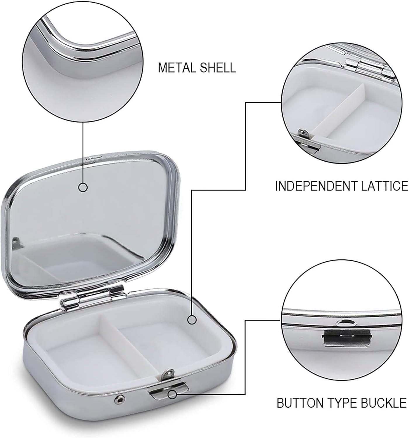 Metal 2 Compartment Pill Organizer Travel Friendly Portable Compact Pill Box Cute Pill Case to Hold Vitamins,Fish Oil,Supplements,Meds,Tablet for Purse,Pocket. (No)