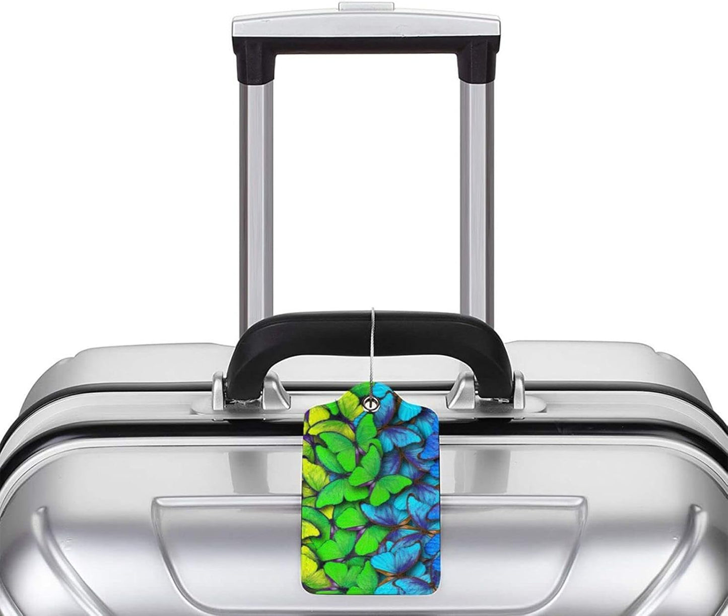 2Pcs Green Blue Butterfly Luggage Tags for Suitcases for Women Girls, Pretty Leather Suitcases Tag with Stainless Steel Loop Privacy Cover ID Label Travel Bag Tags Luggage Identifiers for Kids Adults