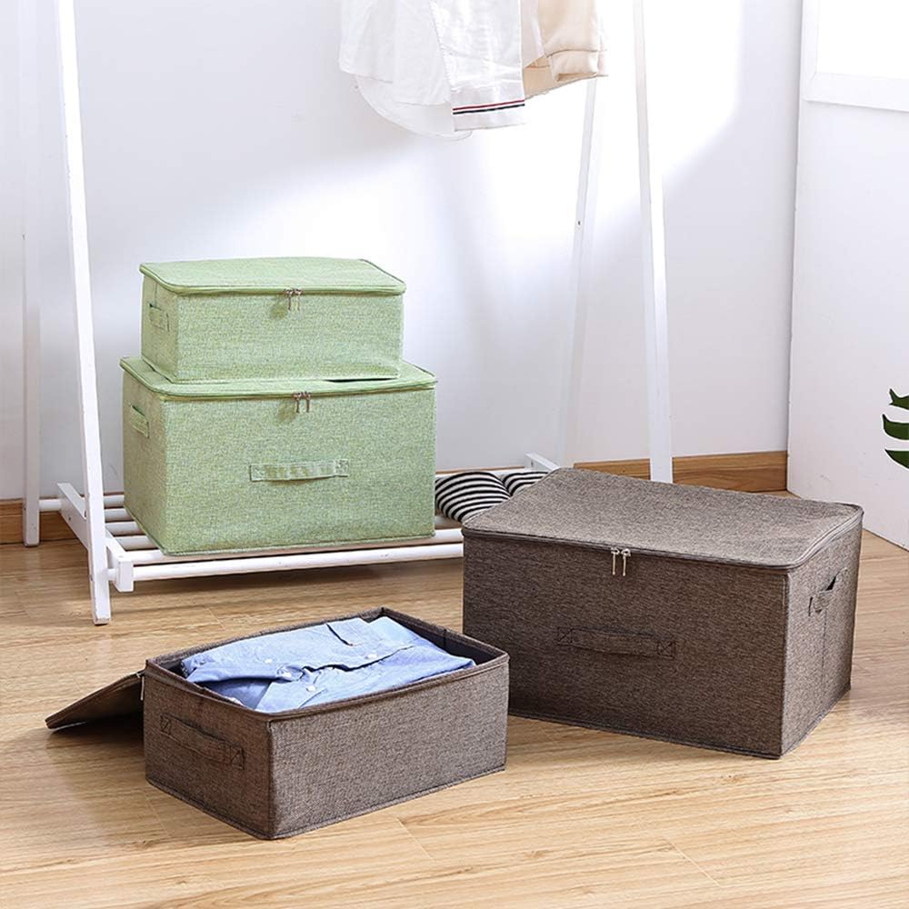 ANMINY 3PCS Storage Bins with Zipper Lids 36 Qt Lidded Fabric Storage Boxes Baskets Cubes with Handles Collapsible Washable Cotton Linen Closet Shelf Clothes Organizer Containers - Green, Large