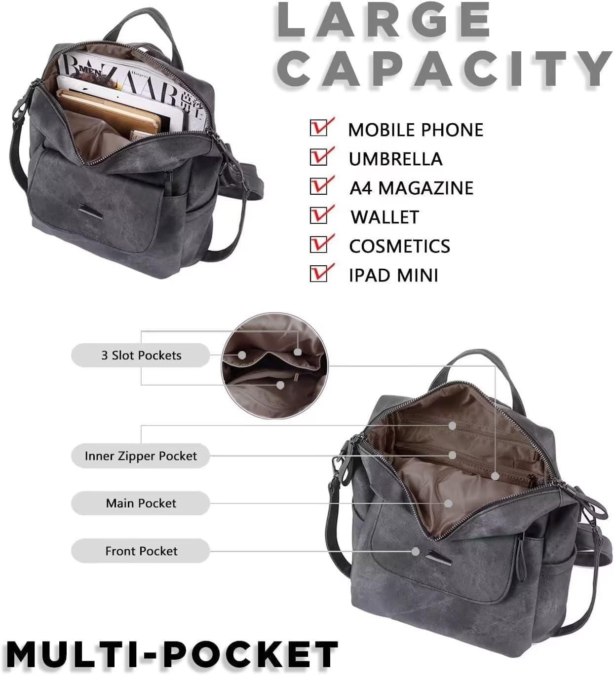 PU Leather Backpack Purse for Women Fashion Multipurpose Design Handbag Ladies Shoulder Bags Travel Backpack Grey