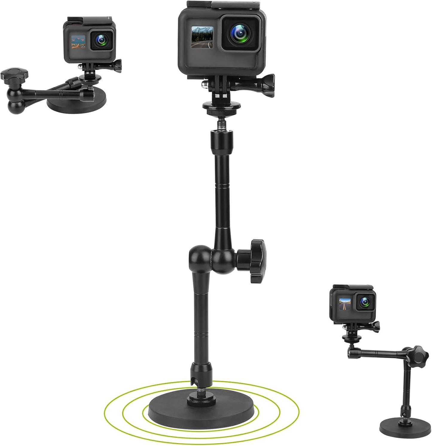 Magnetic Camera Mount for GoPro Hero/Insta 360 / DJI OSMO/AKASO Action Camera,3.46 inch Diam Magnetic Rubber Coating Base,10 inch Length Adjustable Aluminum Alloy Arm