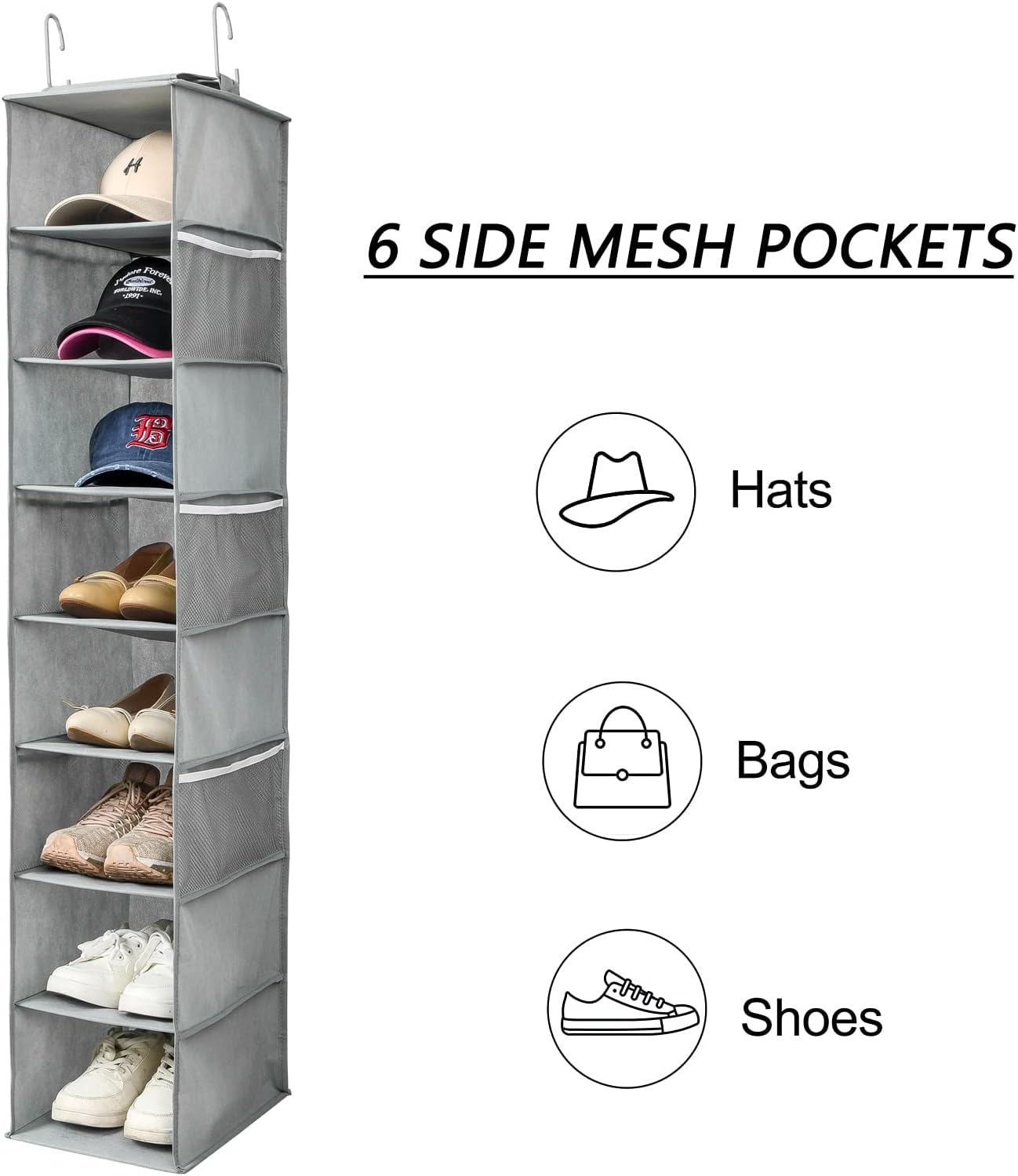 Hanging Shoe Organizer for Closet with Side Mesh Pockets,Hat Racks for Baseball Caps,Shoe and Hat Holder & Storage,8-Shelf,Gray,2 Pack