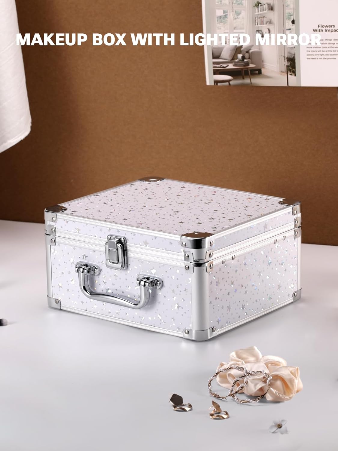 Qislee Makeup Box with A Detachable Lighted Mirror, Waterproof Travel Train Case, Cosmetic Organizer and Makeup Suitcase with Adjustable Dividers, Magnetic LED Mirror(Snow White)
