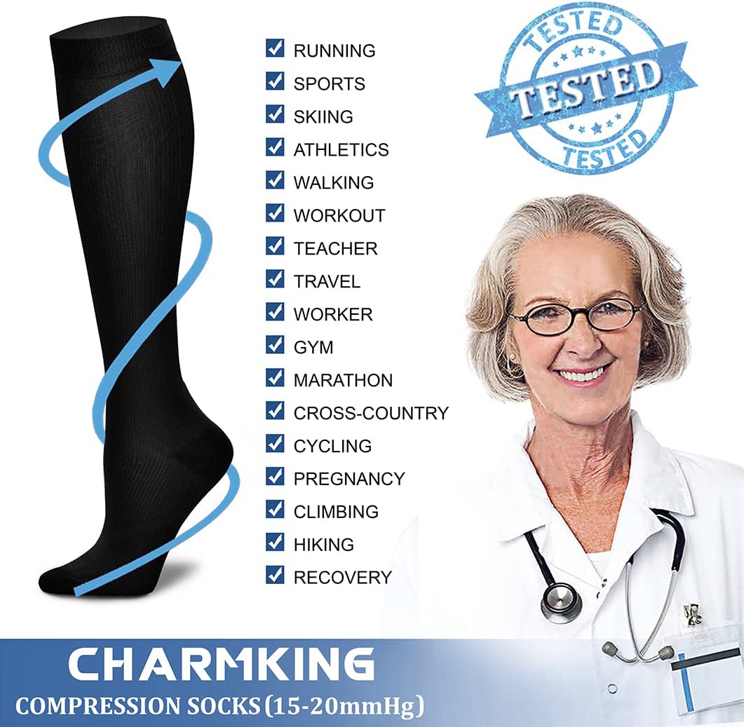 CHARMKING Compression Socks for Women & Men Circulation (3 Pairs) 15-20 mmHg is Best Support for Athletic Running Cycling
