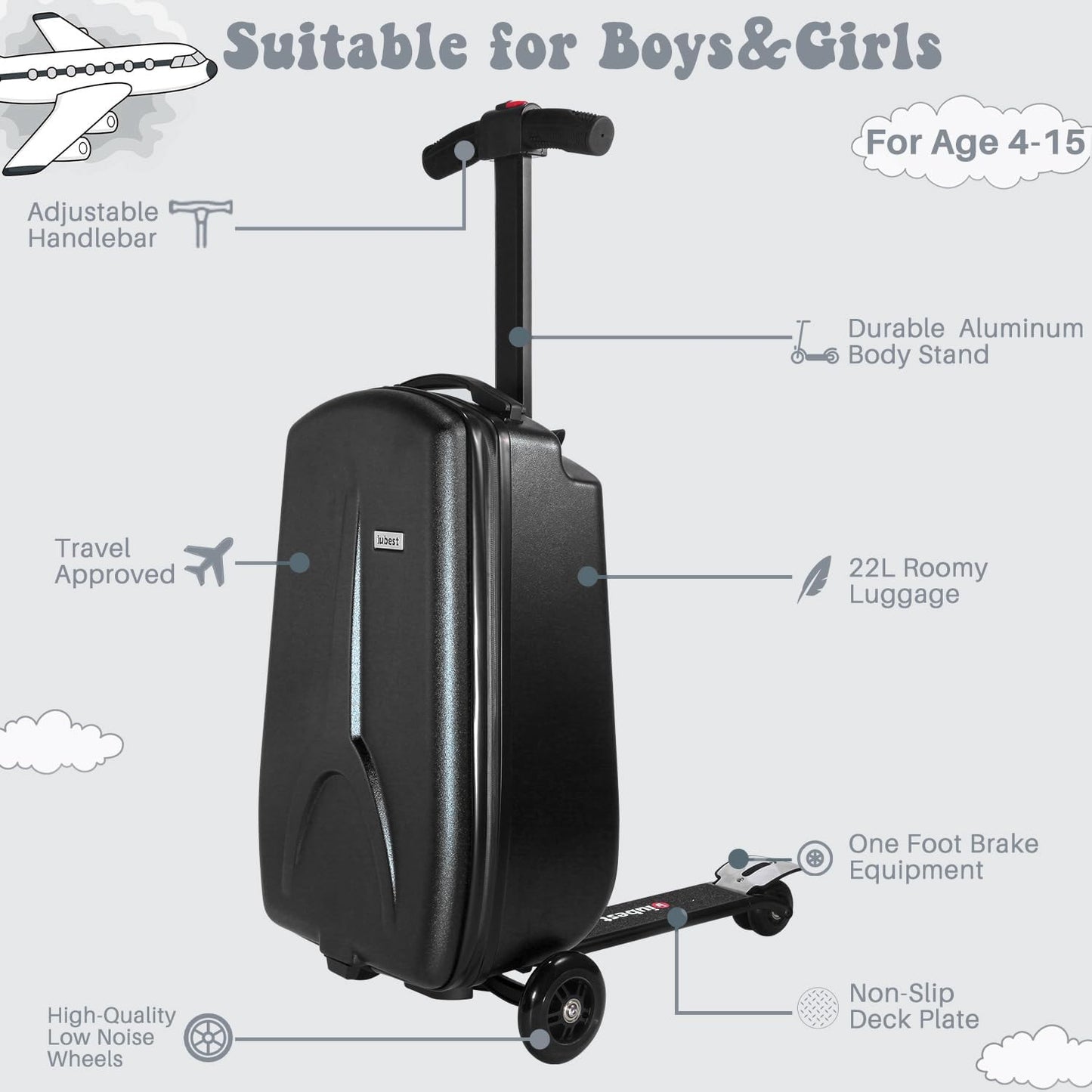 MRPLUM 20" Ride-On Suitcase with Detachable Scooter for Kids,Foldable Hardshell Carry-On Luggage for Toddlers Ages 4-15 with Adjustable Handle,Easy Steering&Brake(Airplane Approved)