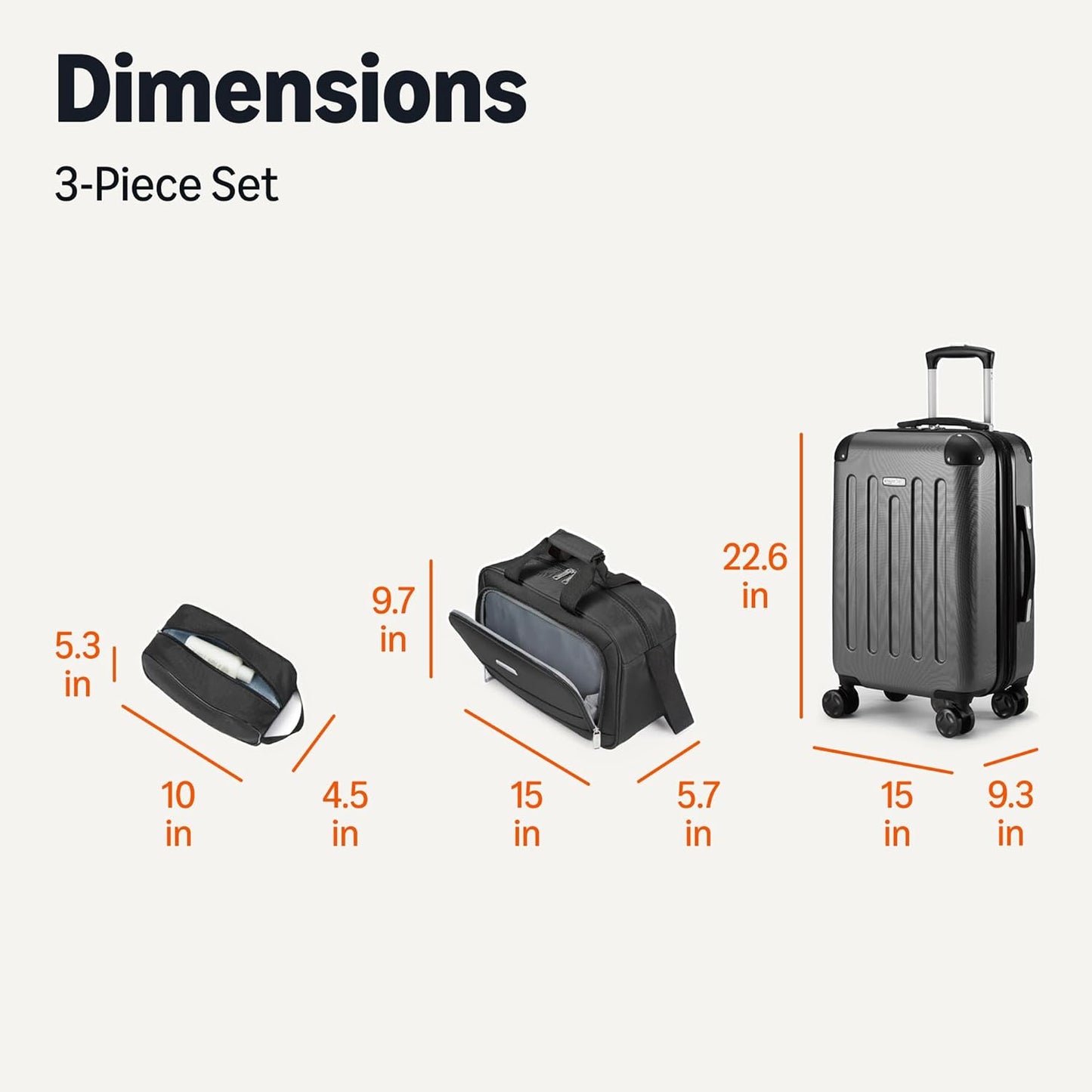 Amazon Basics 3-Piece Luggage Set, Including One Carry-On Luggage (22" Expandable Hardside Suitcase With 8 Spinner Wheels), One 15-inch Tote Bag, and One 10-inch Compact Travel Bag, Black