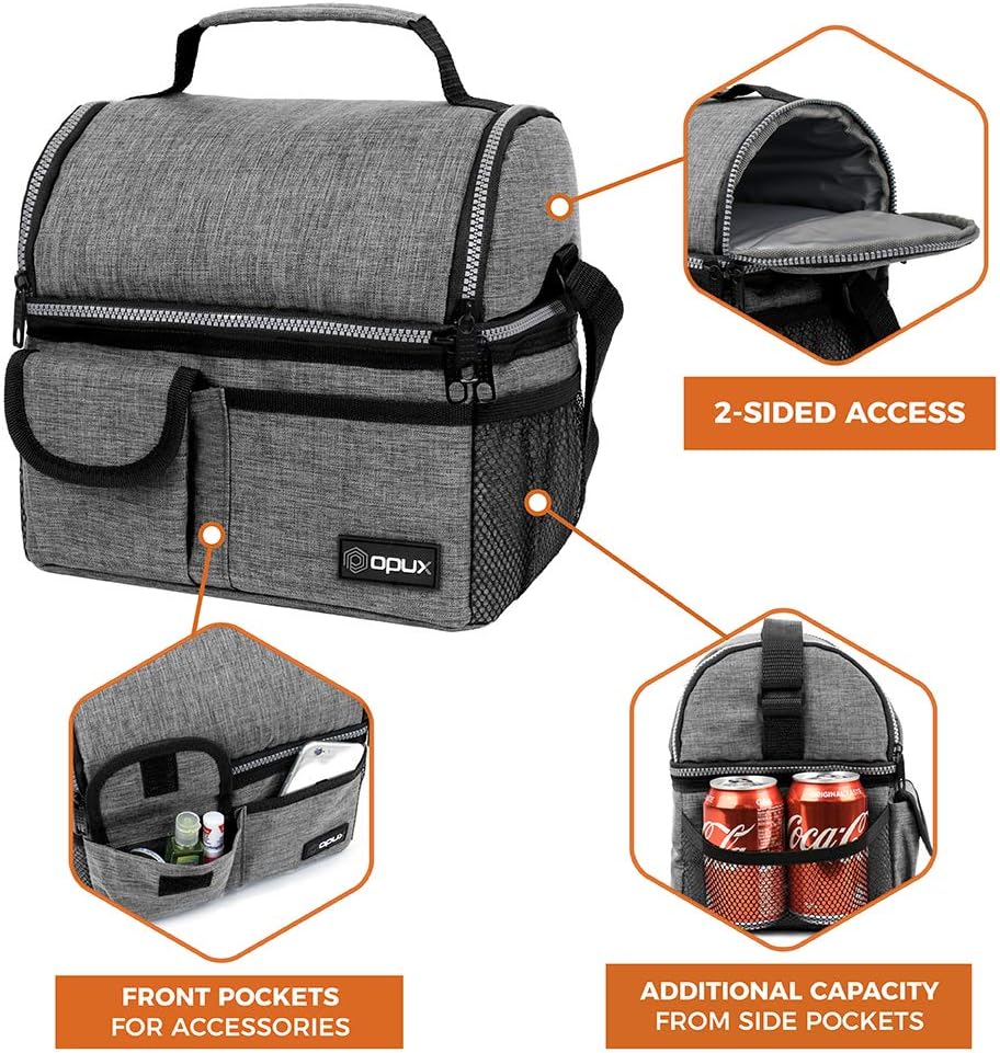 opux Lunch Box for Men, Adult Lunch Box Cooler, Insulated Lunch Bag Women, Dual Compartment Lunchbox for Work, Leakproof Double Decker Lunch Bag, Soft Lunch Pail Tote Boys Girls Kids School, Gray