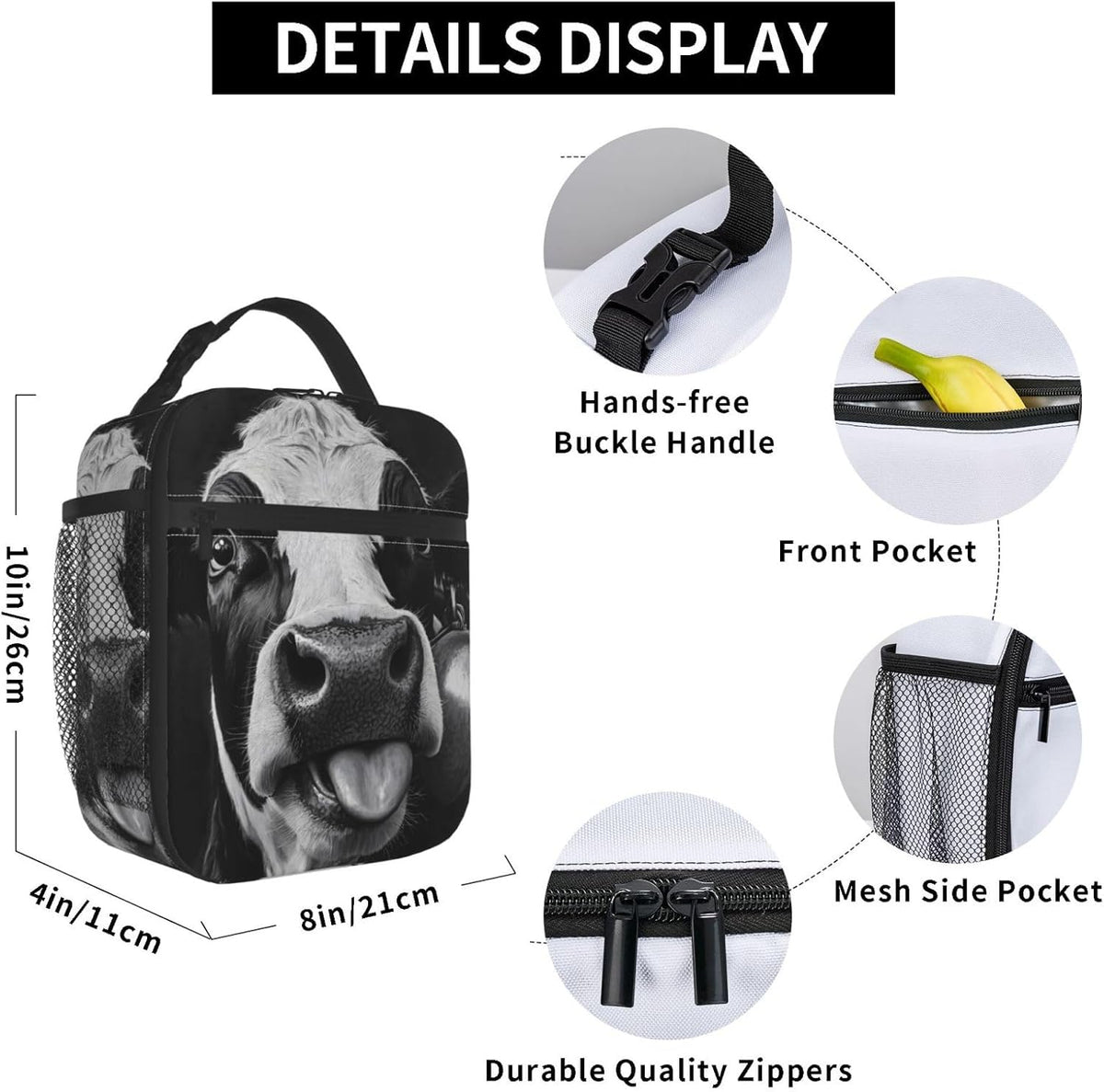 Cow Insulated Lunch Box for Women Men Cow Lunch Bag for Travel,or Fishing Polyester
