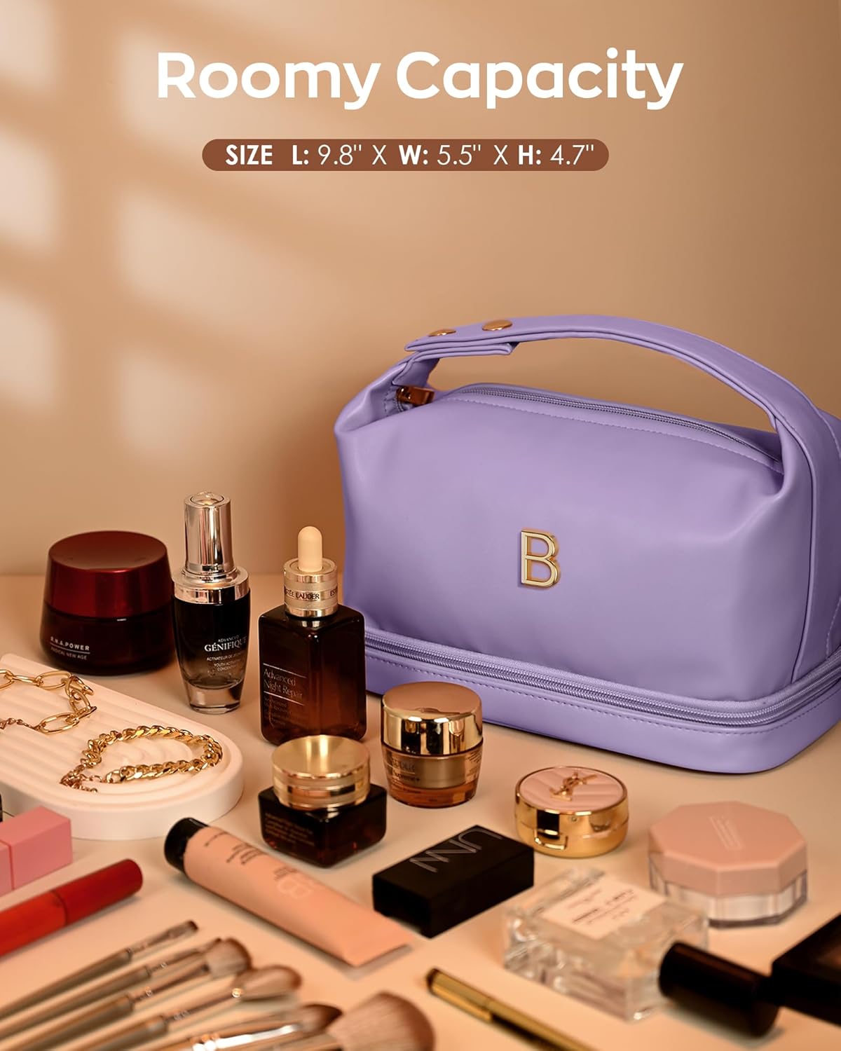 Letter Makeup Bags, Personalized Bags with Handle, Waterproof Double Layer Cosmetic Bag, Large Capacity PU Leather Makeup Bags Letter Travel Toiletry Bag with Makeup Brush Organizer