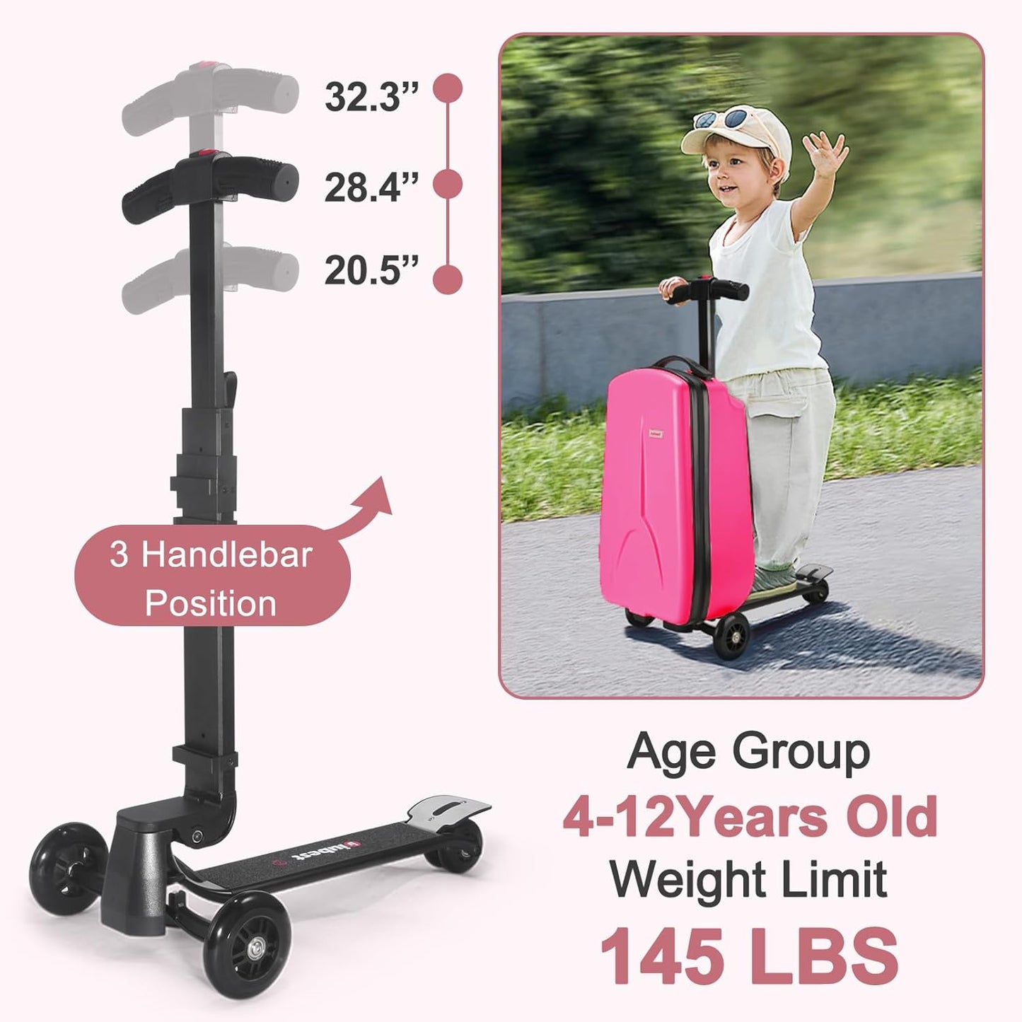 iubest Scooter Luggage Carry On Scooter Suitcase for Kids Age 4-15, Detachable & Foldable 4 in 1 Kids Suitcase, Multifunctional Ride On Travel Trolley Scooter Combo-Rose Pink
