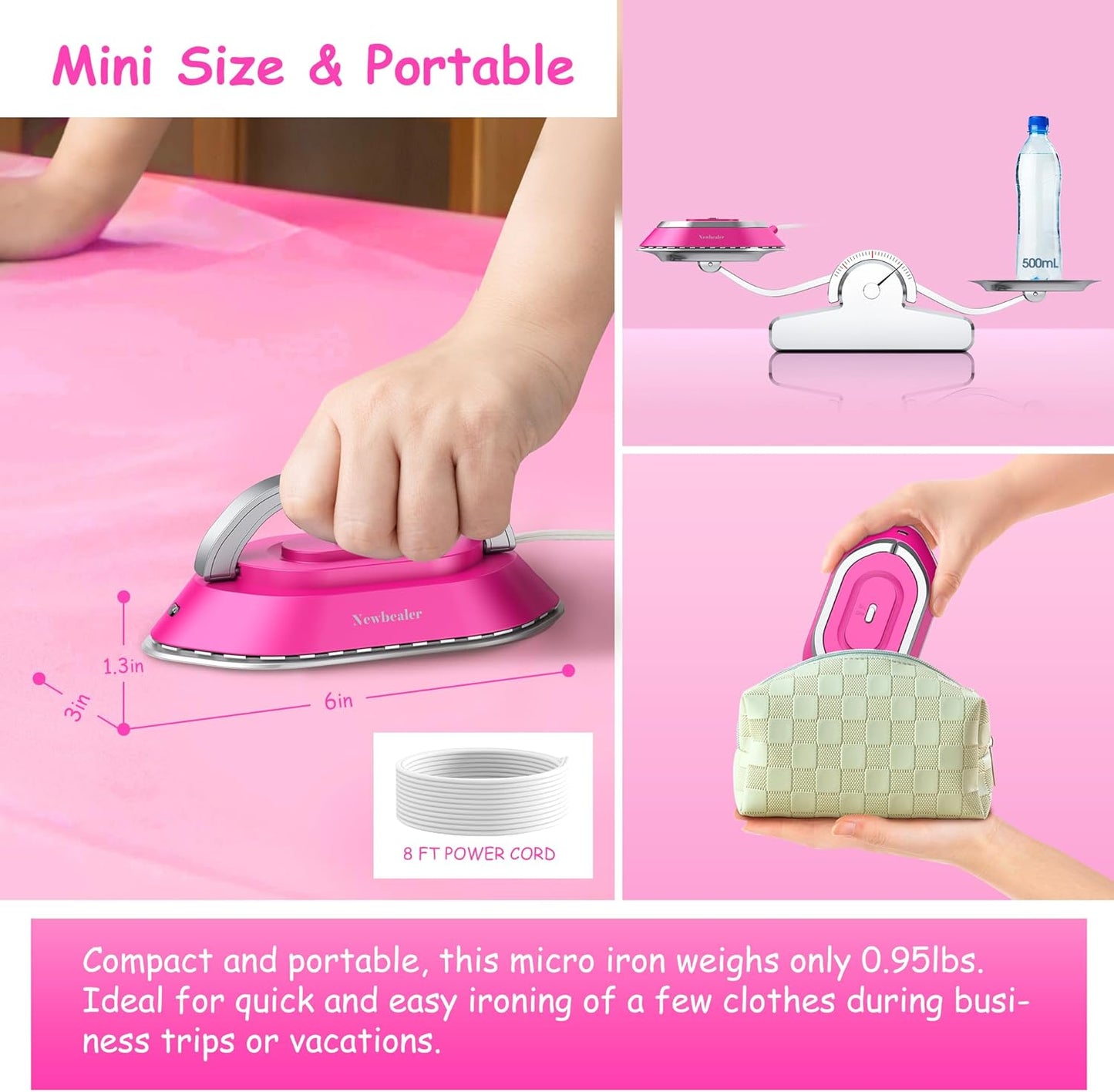 Newbealer Travel Iron with Dual Voltage - 120V/220V Lightweight Dry Iron for Clothes (No Steam), Non-Stick Ceramic Soleplate, 302℉ Heat Press Machine, w/Spray Bottle, Pouch & Silicone Stand (Hotpink)