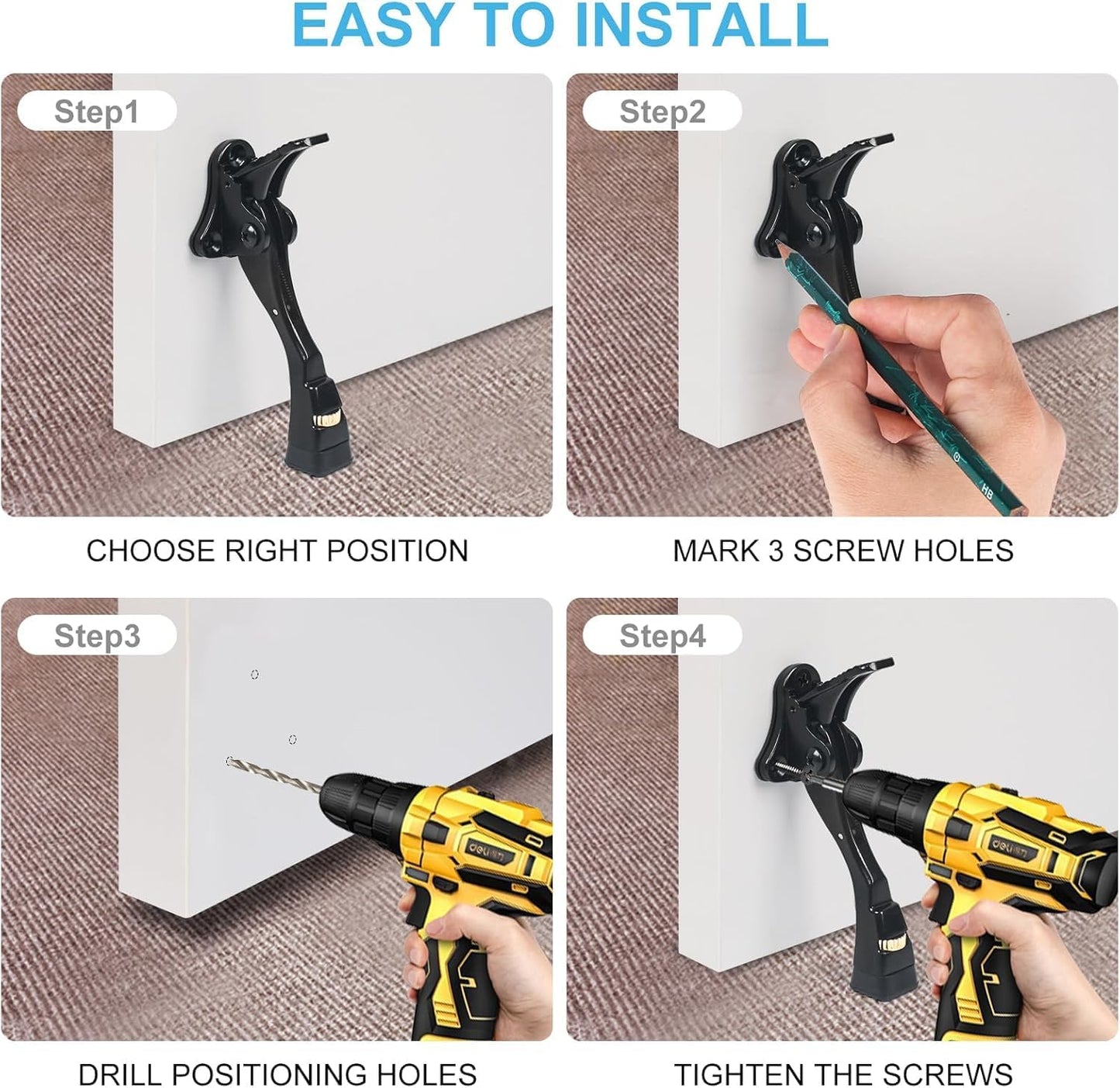 6 Packs Black Door Stops, Heavy Duty Kickdown Door Stopper, One Touch Adjustable Kickdown Door Stop for Heavy Doors, 4 in Metal Door Kickstand with Rubber Tip & Wall Protectors for Wide Doors