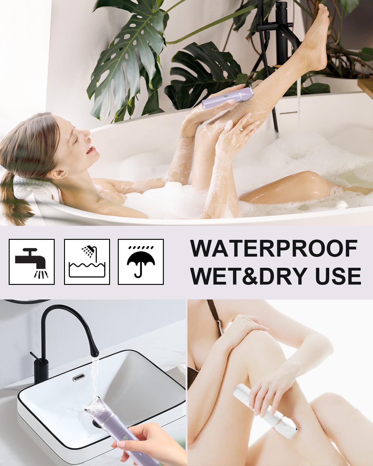 AREYZIN Bikini Trimmer for Women Painless Electric Razor for Women,3 in 1 Pubic Hair Trimmer,USB Recharge Dock,Replaceable Ceramic Blade Heads,IPX7,White
