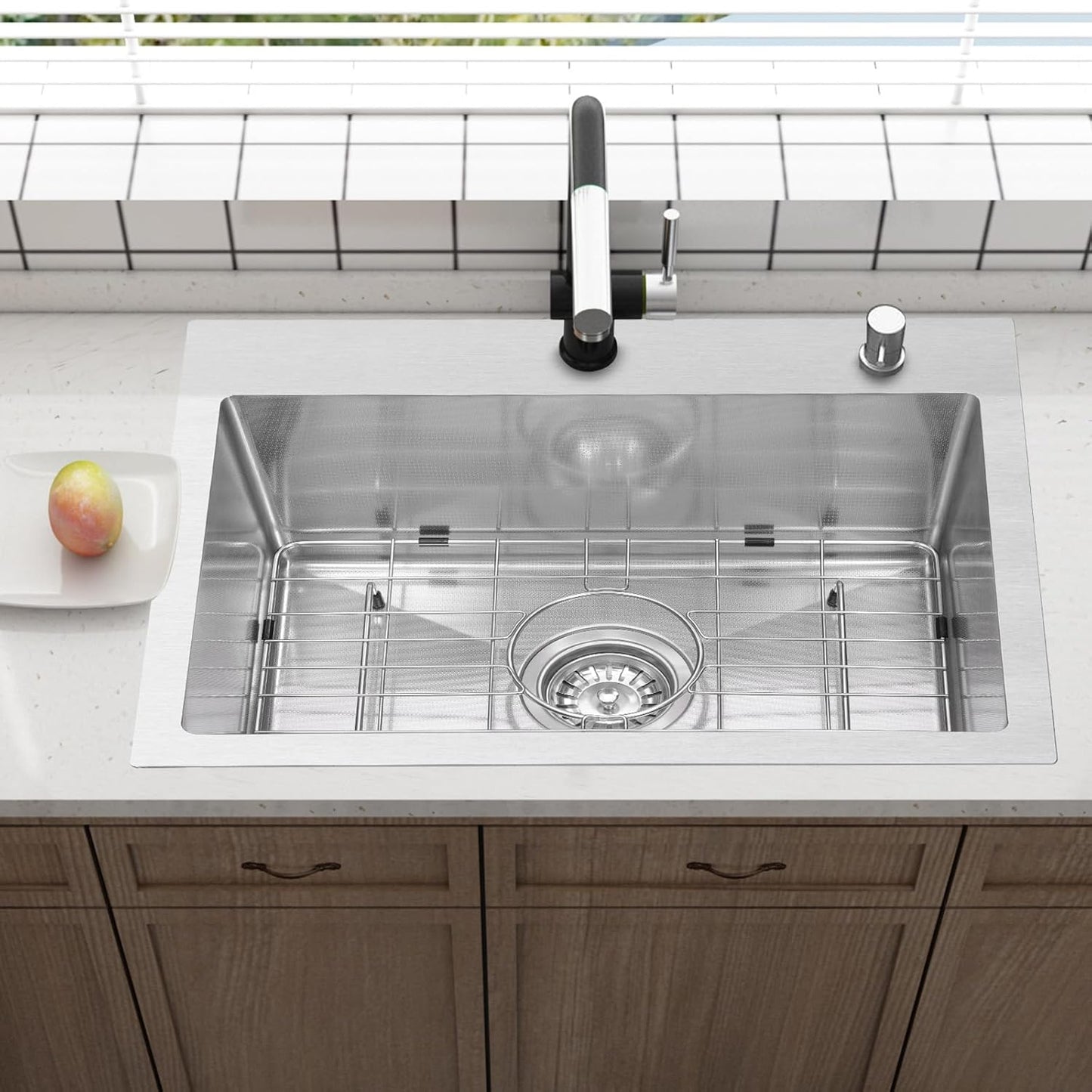 Drop In Kitchen Sink 20x16", 9" Basin Depth, 18 Gauge Stainless Steel Sink, 3D Embossed Surface Finish Top Mount with Accessories