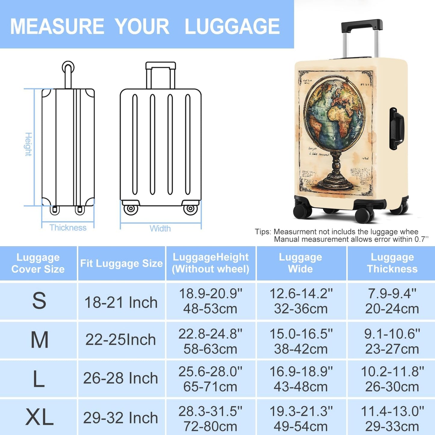 Luggage Cover Washable Suitcase Protector Anti-scratch Suitcase cover Fits 20-34 Inch Luggage (Globe, S(20-22inch suitcase))