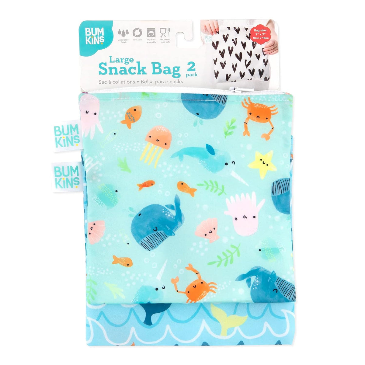 Bumkins Reusable Sandwich and Snack Bags, for Kids School Lunch and for Adults Portion, Washable Fabric, Waterproof Cloth Zip Bag, Travel Pouch, Food-Safe Storage, Large 2-pk Blue Ocean Life