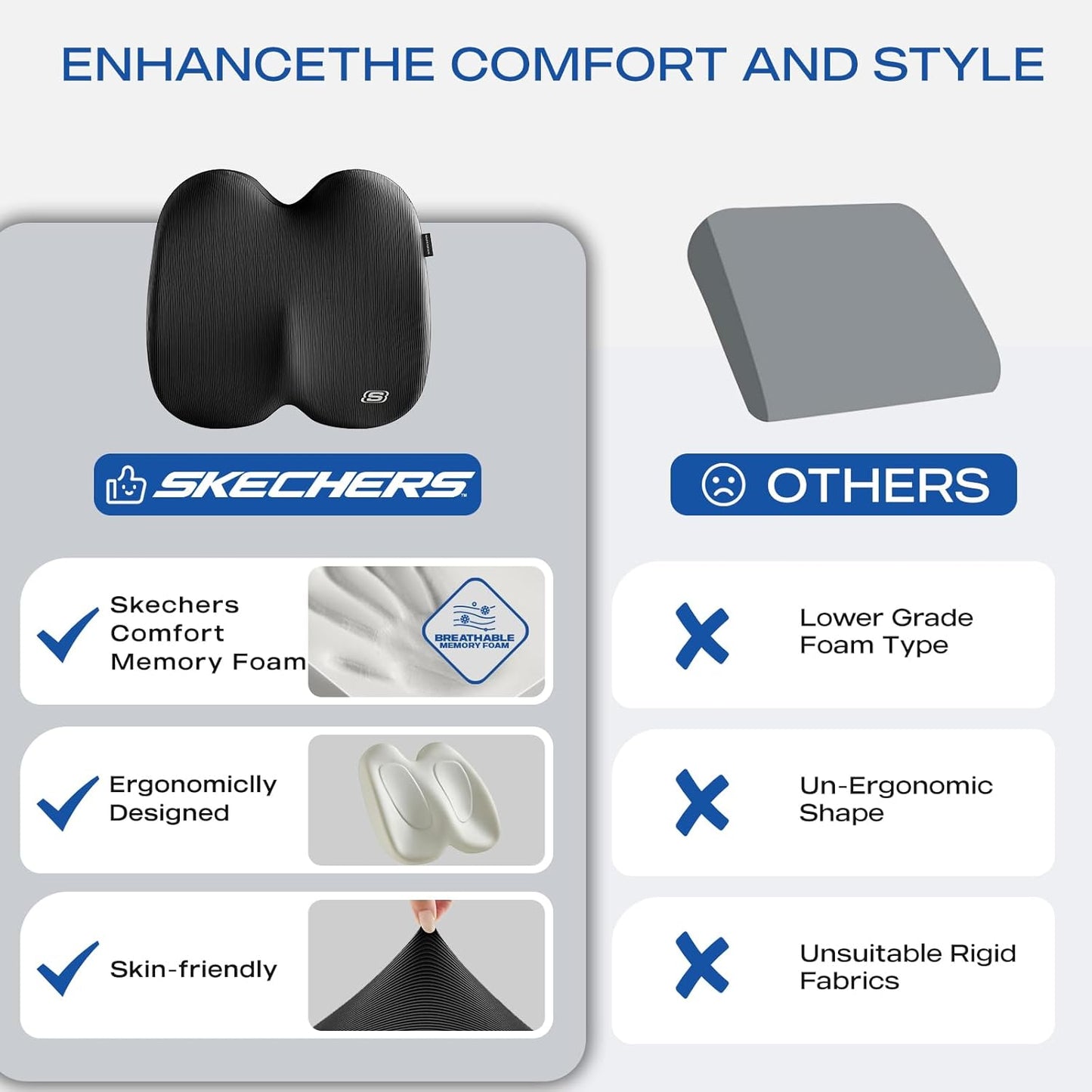 Skechers Memory Foam Seat Cushion,Ribbed Fabric Office Chair Cushion for Tailbone Pain Relief,Butt Pillow for Office Chair,Car Seat Cushion,Long Sitting Office Workers,and Car Drivers,Black