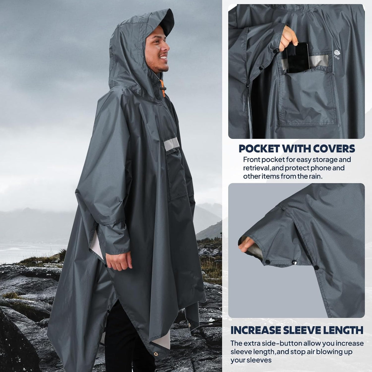 ANYOO Hooded Rain Poncho for Adults Waterproof Lightweight Rain Coat for Men Women Reusable Rain Jacket for Emergency Outdoor