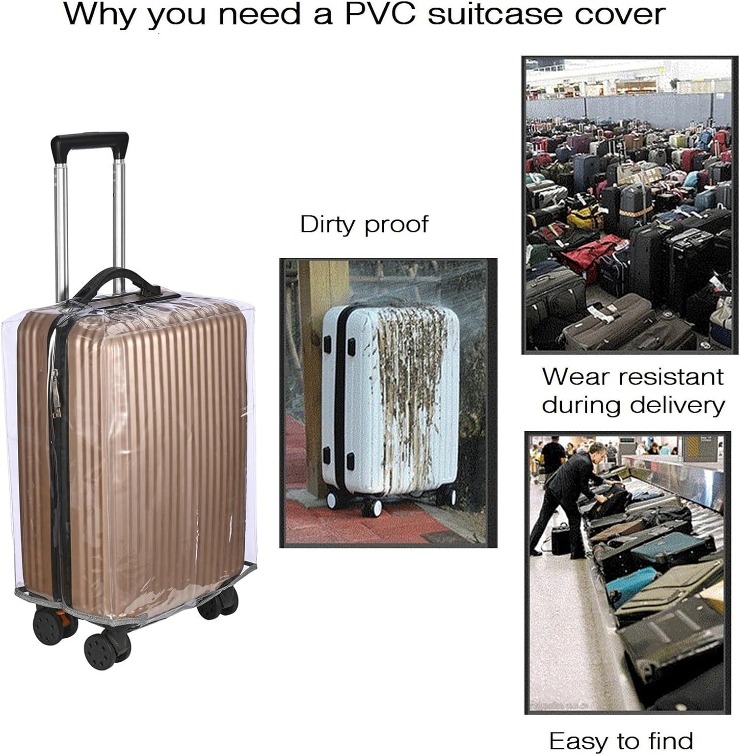 3PCS Clear PVC Suitcase Cover Protectors Thicken Luggage Coves Full Transparent Waterproof for Wheeled Suitcases (20"+24"+28")