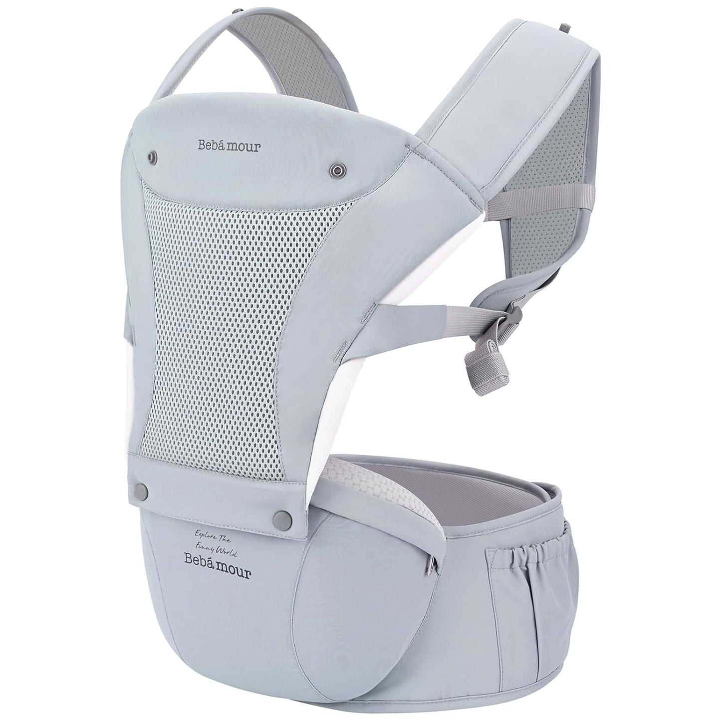 Bebamour Baby Carrier with Hip Seat,All-Position Breathable Mesh Hip Seat & Carrier 0-36Months with Head Hood, 3 PCS Teething Pads, Waist Extender,Storage Bag & Pacifier Case (Blue)