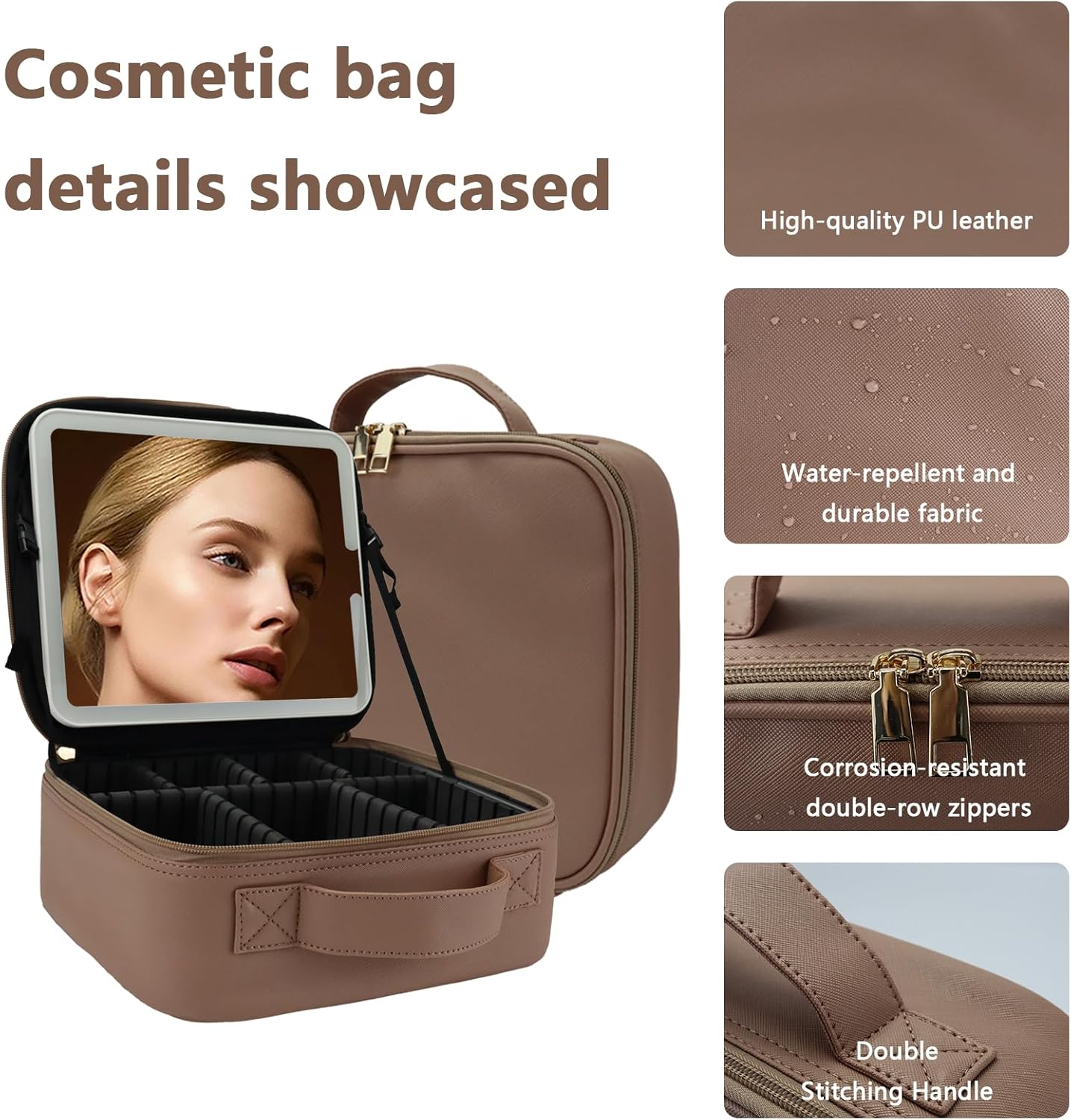 Travel Makeup Bag with LED Lighted Mirror, Travel Makeup Organizer,3 Color Setting Cosmetic Makeup Box, Adjustable Dividers and Brush Holder(Mocha)
