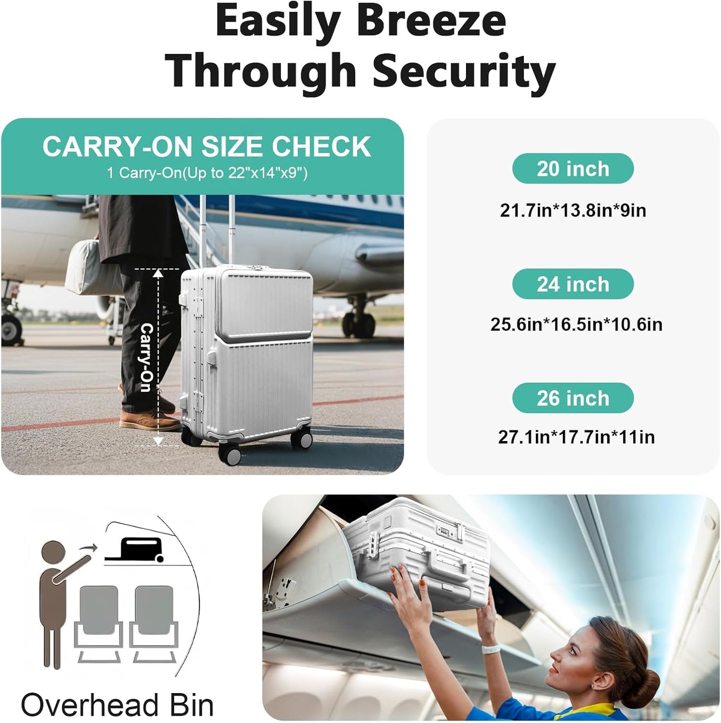 Hard Shell Luggage 24 Inch Travel Luggage, Carry-On Luggage Spinner TSA with Lid, PC+ABS Aluminum Frame,Lightweight Travel Luggage 20'' 24'' 26''Carry-On (upgraded silver, 24 inch)