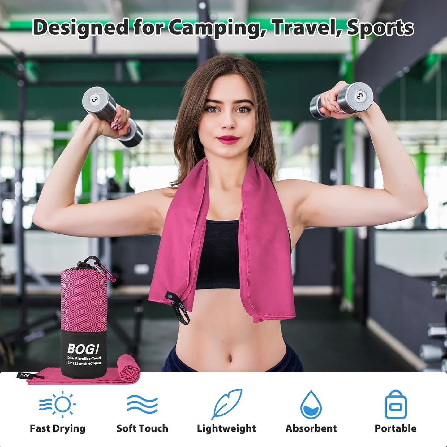 BOGI Microfiber Travel Sports Towel-Quick Dry Towel, Soft Lightweight Microfiber Camping Towel Absorbent Compact Travel Towel for Camping Gym Yoga Swimming Backpacking (L:60''x30''+16''x16''-Hpink)