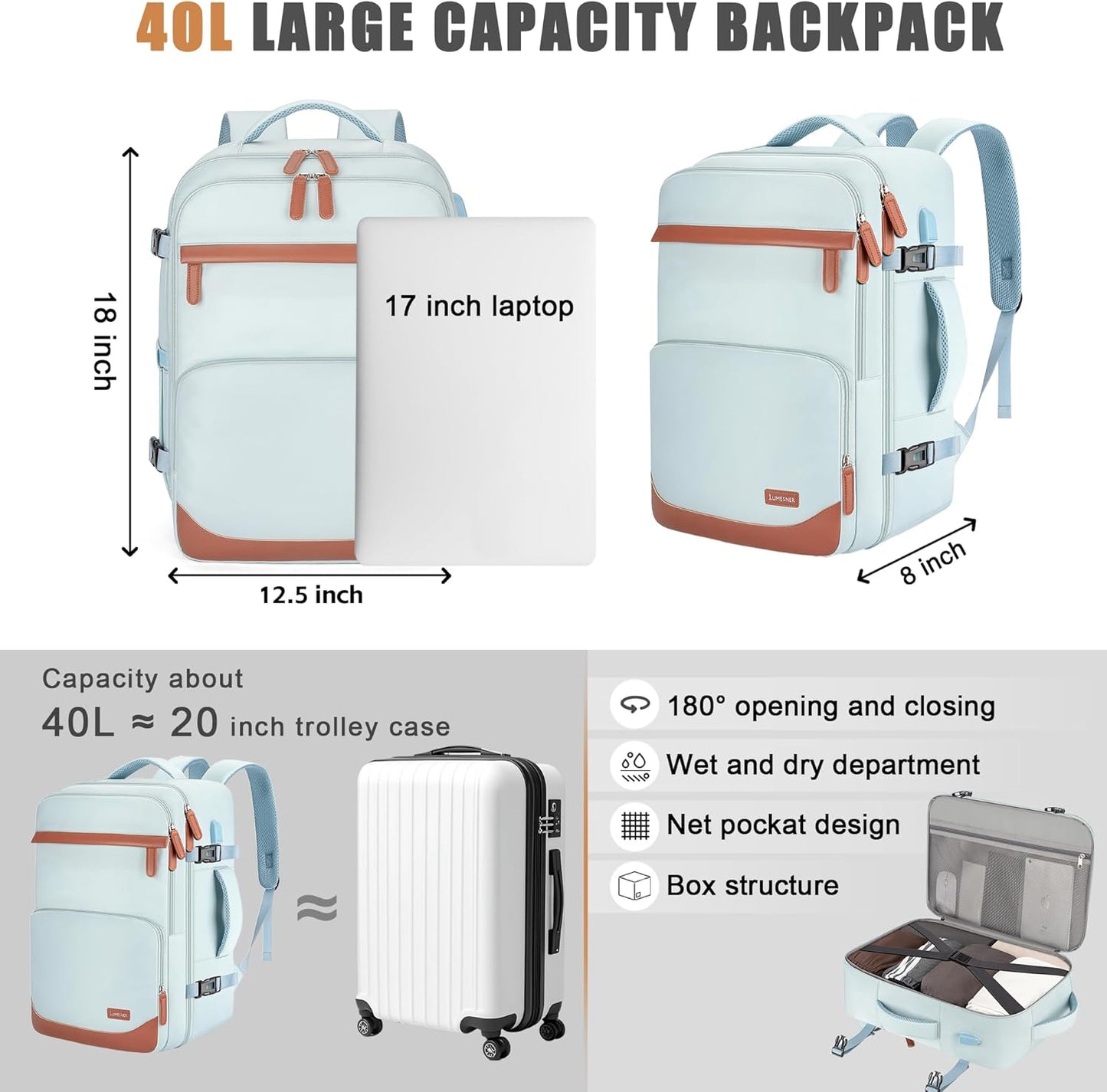 40L Travel Backpack with USB Charging Port, Water-Resistant Carry On Backpack for Men Women, Business Laptop Backpack for Trips & Commutes, Fits 15.6/17.3 Inch Laptop