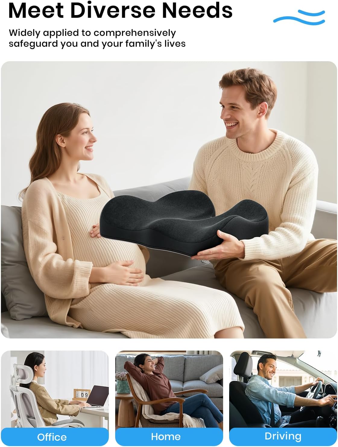 Benazcap Ergonomic Seat Cushion -Large Memory Foam Office Chair Cushion Seat Pad - Sciatica & Lower Back Pain Relief - Car Seat Cushions for Driving Seat Cushions
