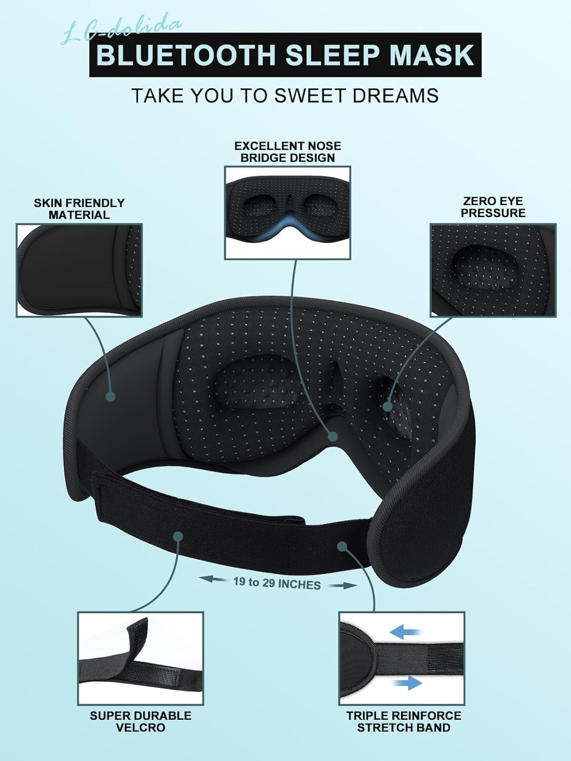LC-dolida Sleep Headphones, 3D Sleep Mask Bluetooth Wireless Music Eye Mask, Sleeping Headphones for Side Sleepers Sleep Mask with Bluetooth Headphones Ultra-Thin Stereo Speakers Perfect for Sleeping