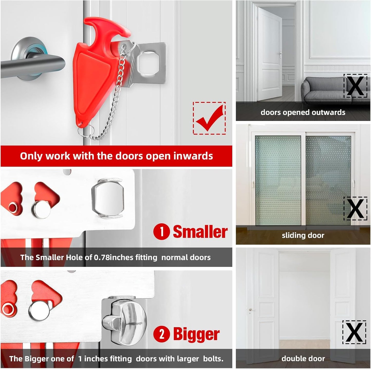 Portable Door Stop Alarm and Traveling Hotel Door Lock, No Installation Required, Provides Double Security for Home, Hotel and Traveling (2 Door Lock + 3 Door Stop)