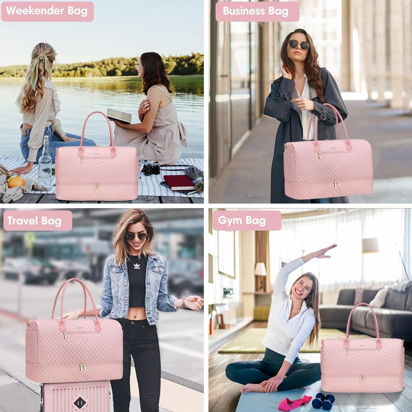 Travel Weekender Bags for Women - Duffle Bag Women with Shoe Compartment Carry On Overnight Bag with Toiletry Bag Duffel Bags with Wet Pocket for Gym Hospital Bags for Labor and Delivery Pink