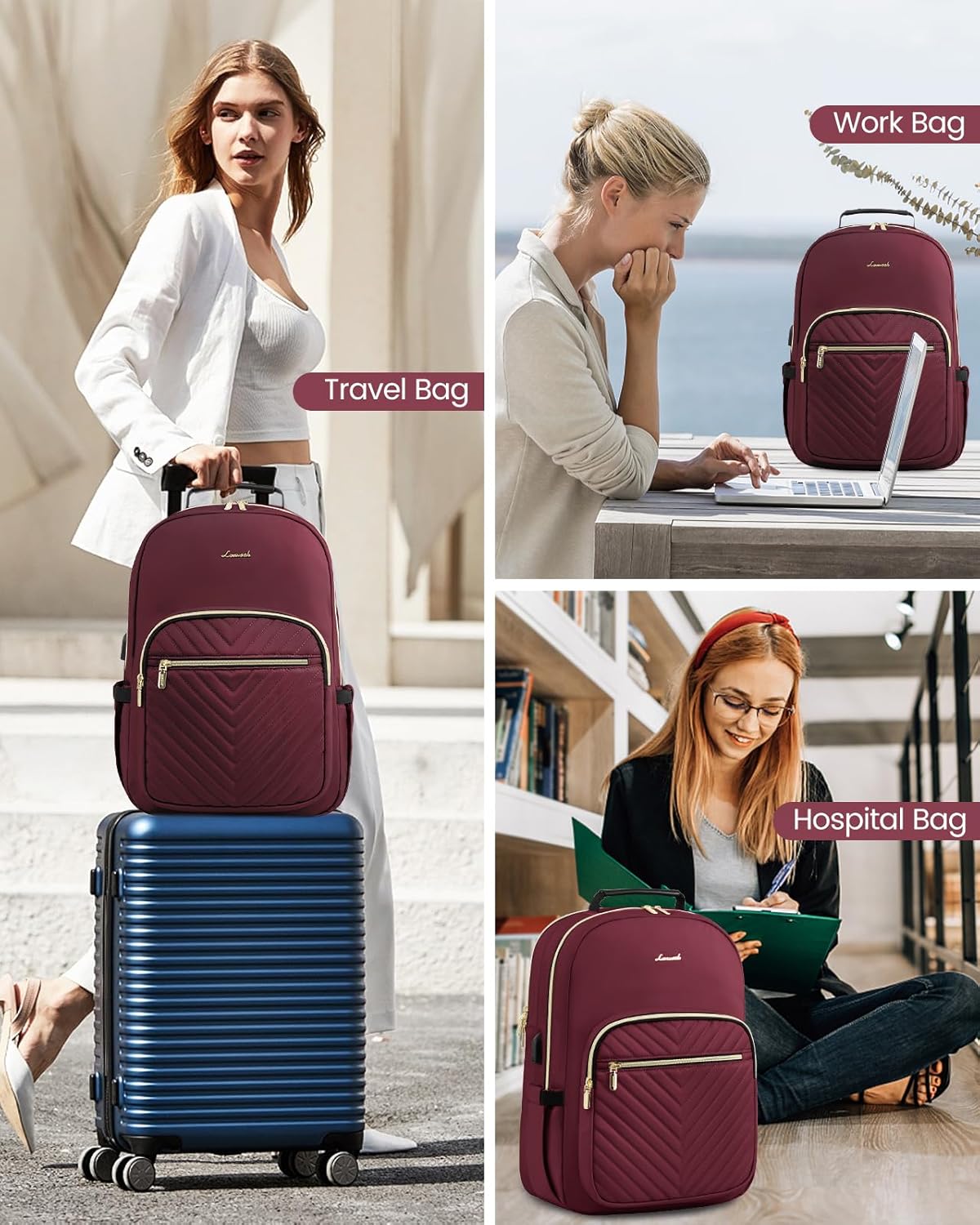 LOVEVOOK Laptop Backpack for Women, Large Travel Computer Work Bag, Business Teacher Nurse College Backpack Purse, Hiking Outdoor Carry On Backpack with 17.3-inch Laptop Compartment, Wine Red