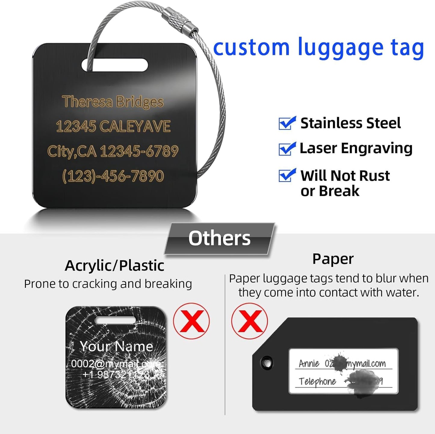 (5Pack Made in USA) Custom Personalized Luggage Tags-Customized Unique tag for Suitcase Backpack Travel,Bags (Blue (3.8×2))