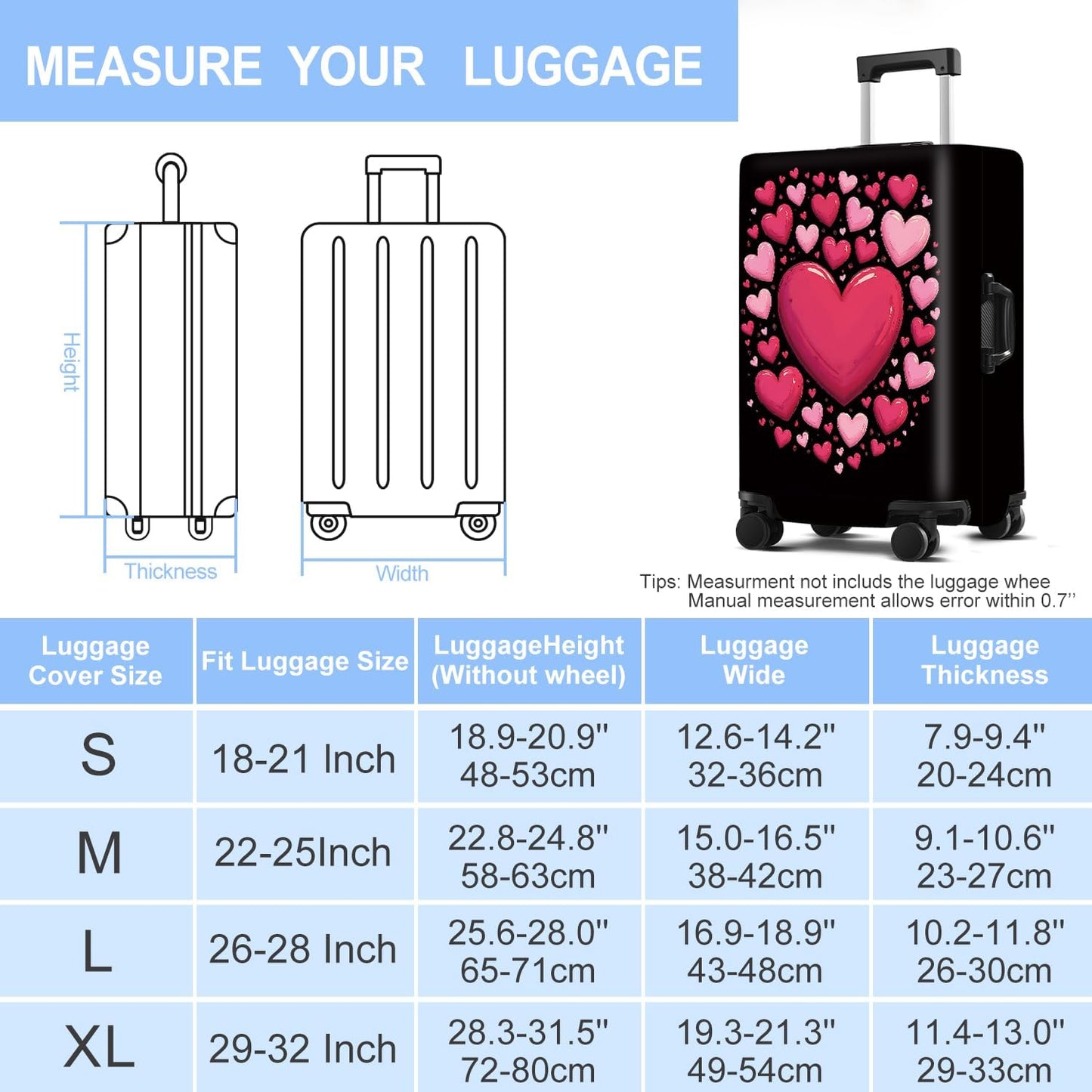 Luggage Cover Washable Suitcase Protector Anti-Scratch,Stretchable Fit for 20-34Inch Luggage Durable Travel Bag Cover with Zipper Closure (Heart, XL(fits 32-34Inch suitcase))