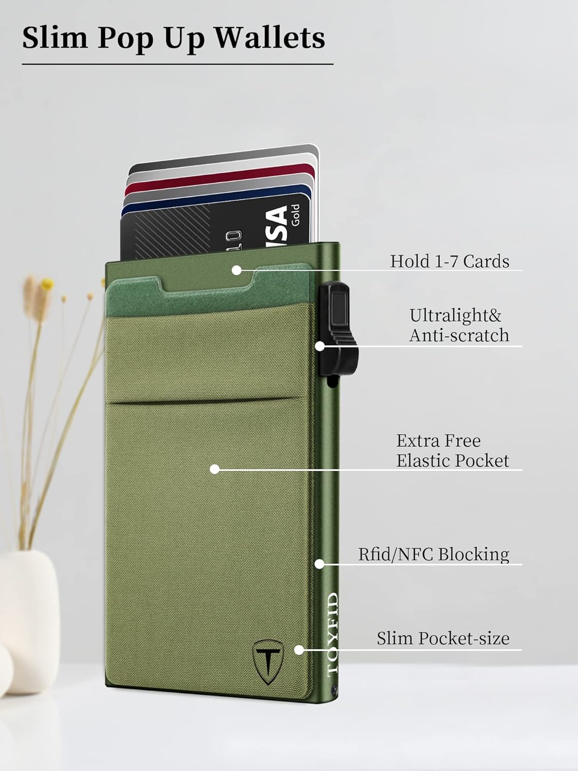 Slim Wallet for Men,Pop Up Credit Card Wallet Aluminum Minimalist RFID Blocking Smart Card Holder with Cash Slot for Front Pocket,6-12 Card Capacity, Green