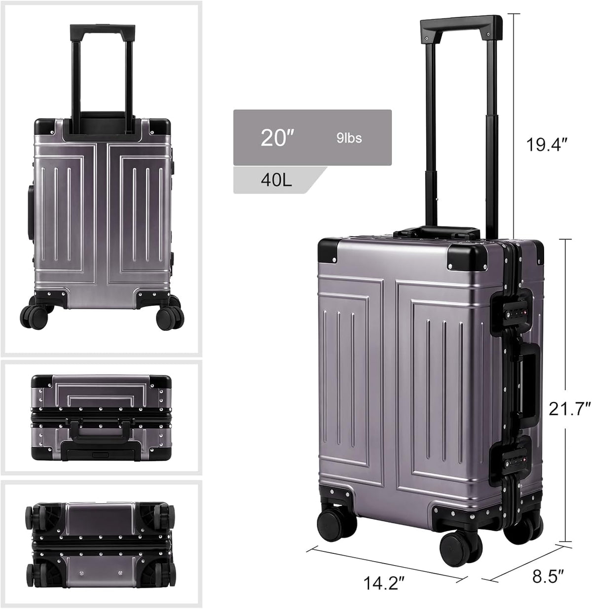 All Aluminum Magnesium Carry On LuggageοΌCut from Whole Aluminum SheetοΌ22x14x9 Airline Approved οΌοΌ3rd GenerationοΌPremium Magnesium Metal zipperless suitcase οΌ (grey, 20inch)