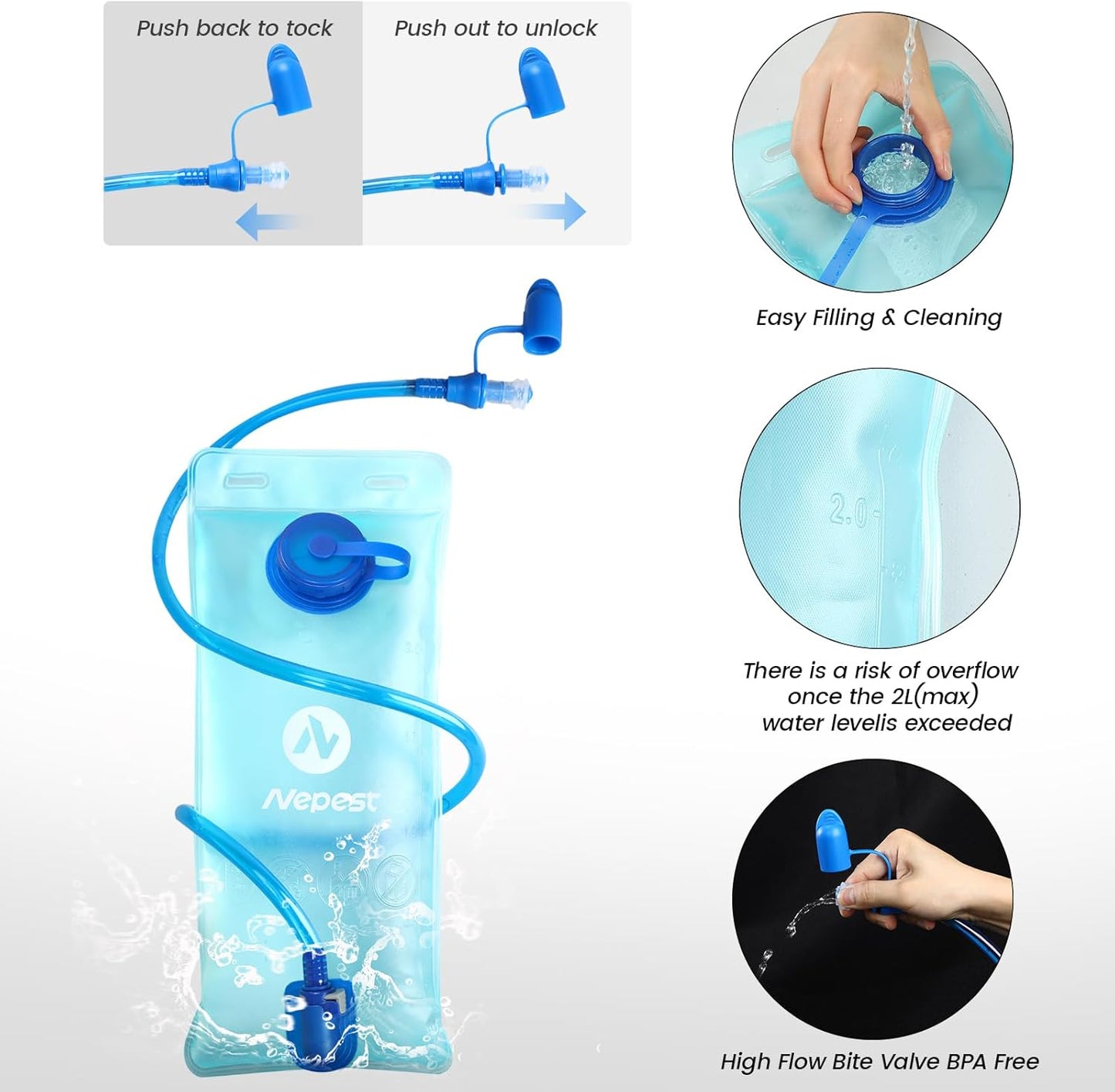 Nepest Hydration Pack Backpack for Women & Men, Lightweight Water Backpack with 2L Water Bladder for Hiking Cycling Running Biking