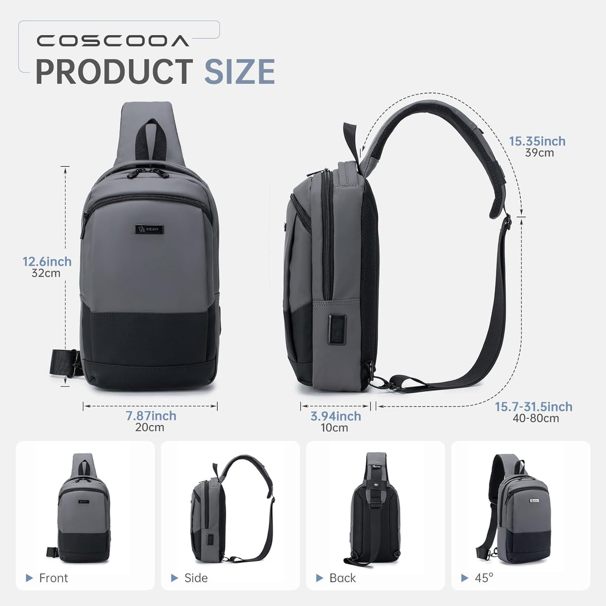 Sling Bag for Men, Anti-theft Crossbody Bag with USB Charging Port, PU Leather Shoulder Bag for Women Travel Outdoor Casual Sports Daypacks
