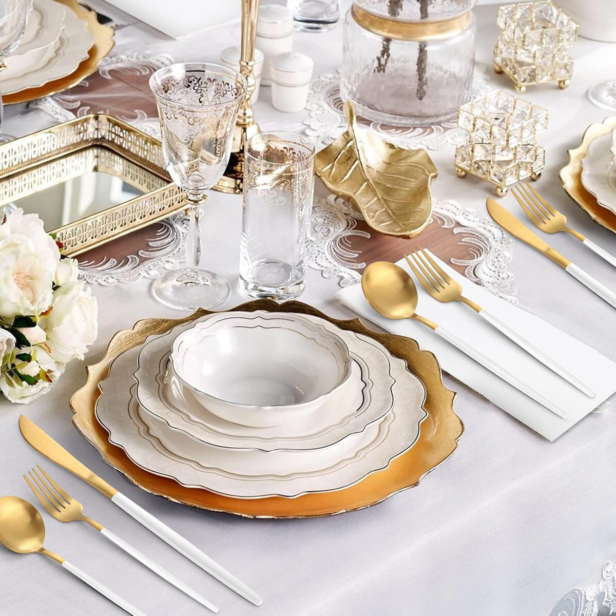 Matte White Gold Silverware Set, 40-Piece Stainless Steel Flatware Set, Satin Finish tableware Cutlery Set, Service for 8, Home and Restaurant, Dishwasher Safe