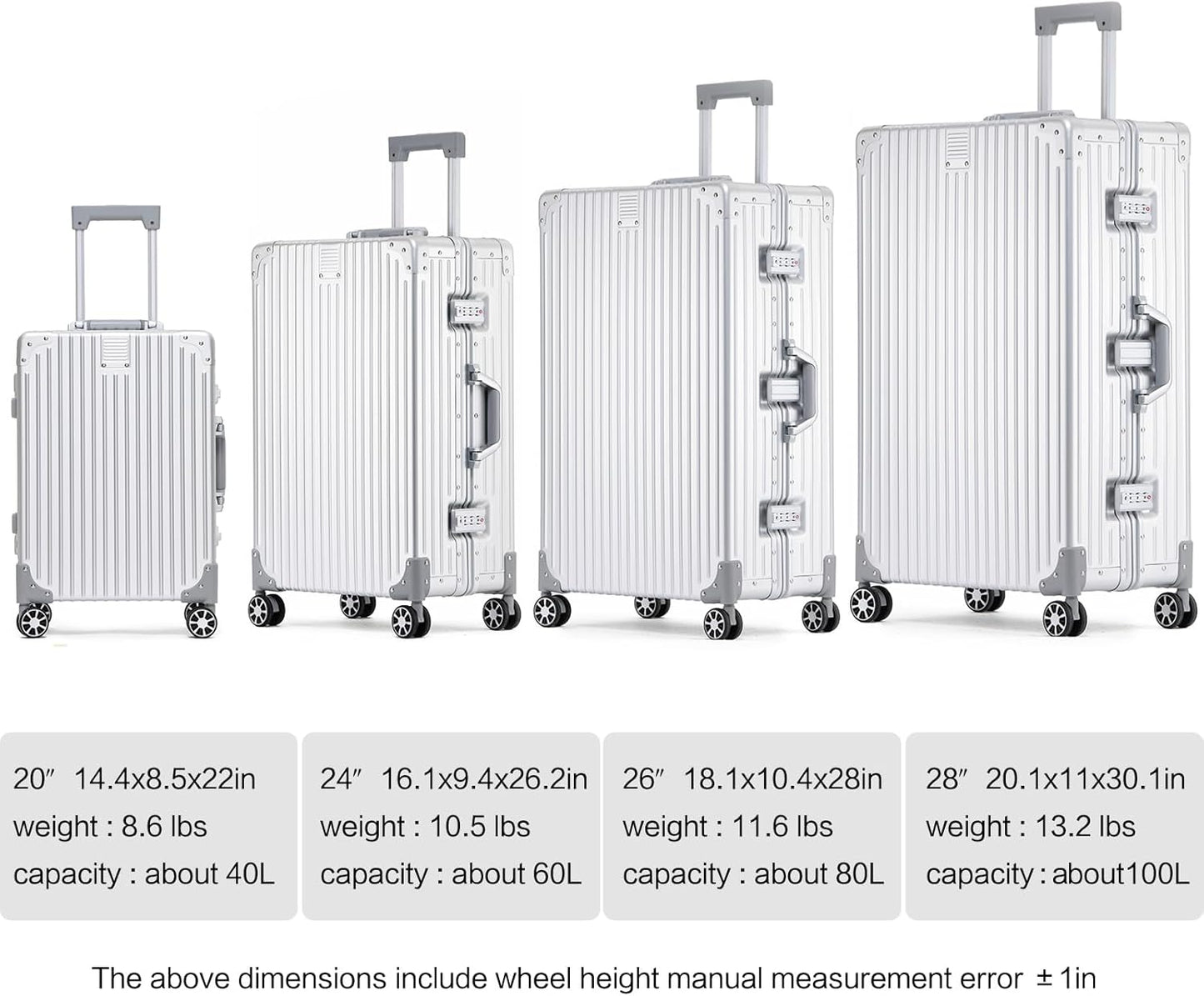 Metal All Aluminum Carry-on Luggage TSA Customs Lock Zipperless Silent Rotary Wheel Business Suitcase Aluminum Frame Set (blue, 26 '')