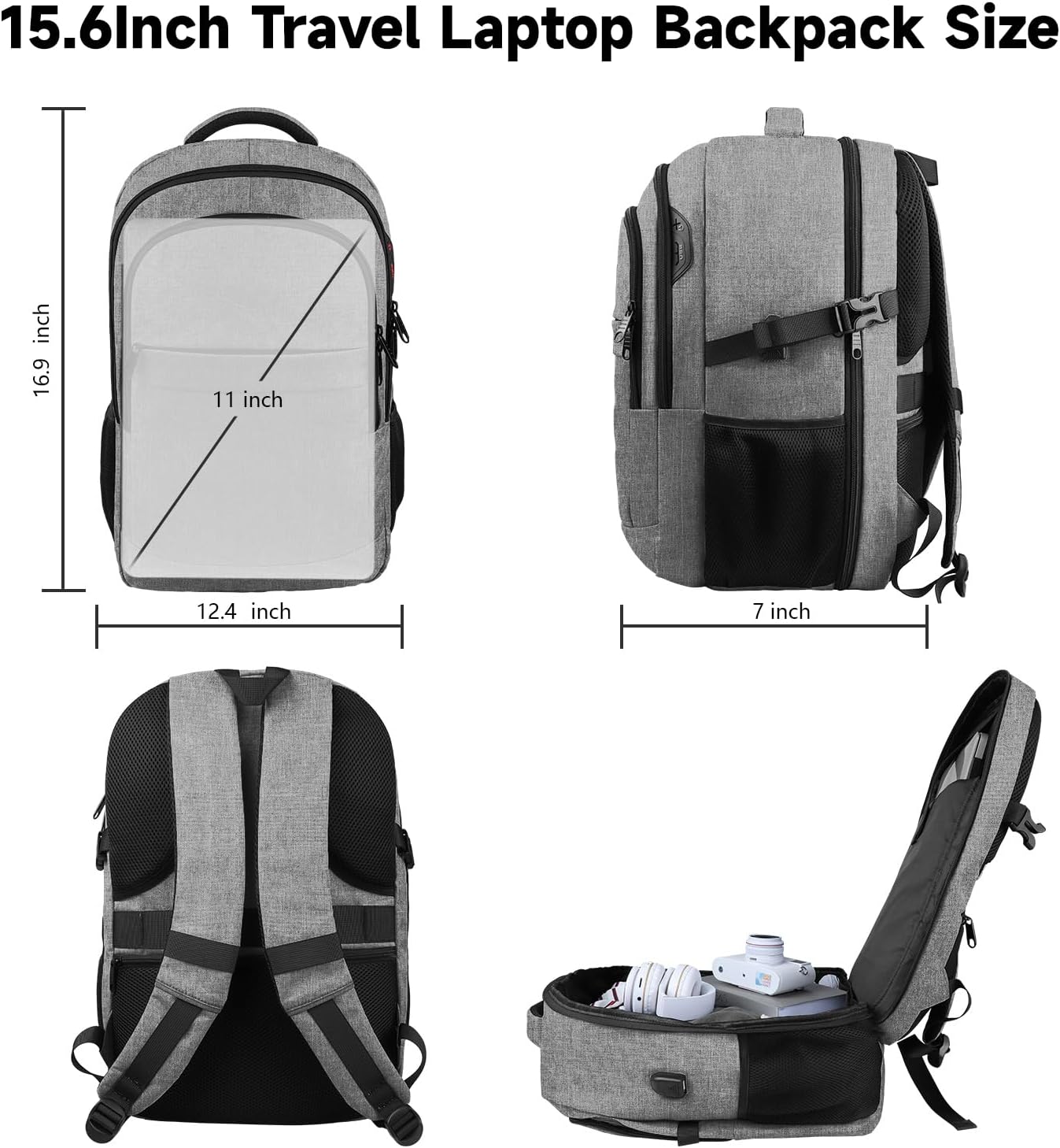 Lapsouno Business Laptop Backpack, Travel Backpack, 15.6 Inch Carry on Backpack, Anti-Theft College School Computer Backpack with USB Port, Gift for Men Women, Grey